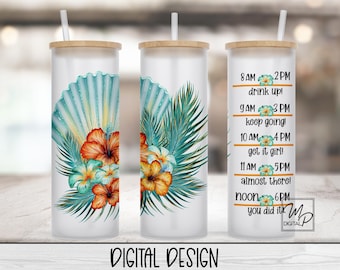 Tropical 20oz / 25oz Glass Tumbler Water Tracker Wrap for Sublimation and Waterslides, PNG Digital Download