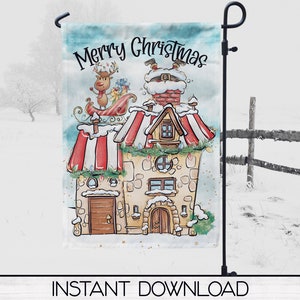 Frohe Weihnachten Willkommen Garten Flagge Sublimation Design, lustige Weihnachtsmann und Rentier Terrasse Dekor, Garten Flagge, digitaler Download