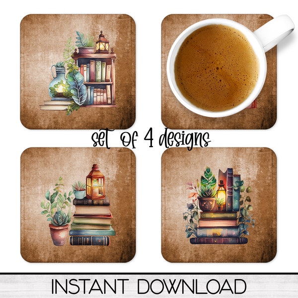 Set of 4 Book Coaster Sublimation PNG Designs, Square Coffee Coasters, Car Coaster Sublimation Digital Download