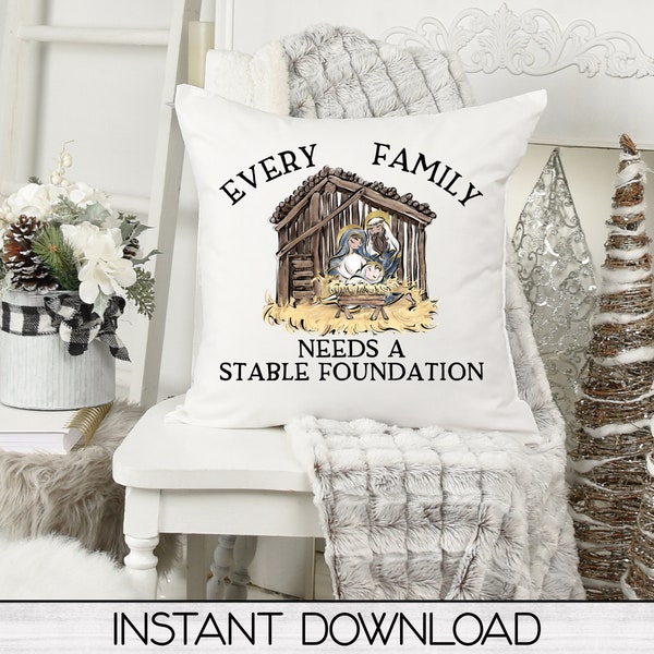 Christian Christmas Nativity Pillow Cover PNG Sublimation Design, Digital Download, Square Pillow Case PNG Design, Two Skin Tones
