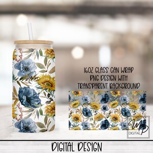 Sunflower and Blue Flowers 16oz Glass Can Wrap PNG, Full Wrap Glass Tumbler Sublimation Design, Iced Coffee Tumbler