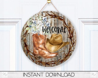 Western Cowboy Round Door Sign Sublimation Design Download, Wreath Sign, Boots and Hat Door Sign PNG, Commercial Use