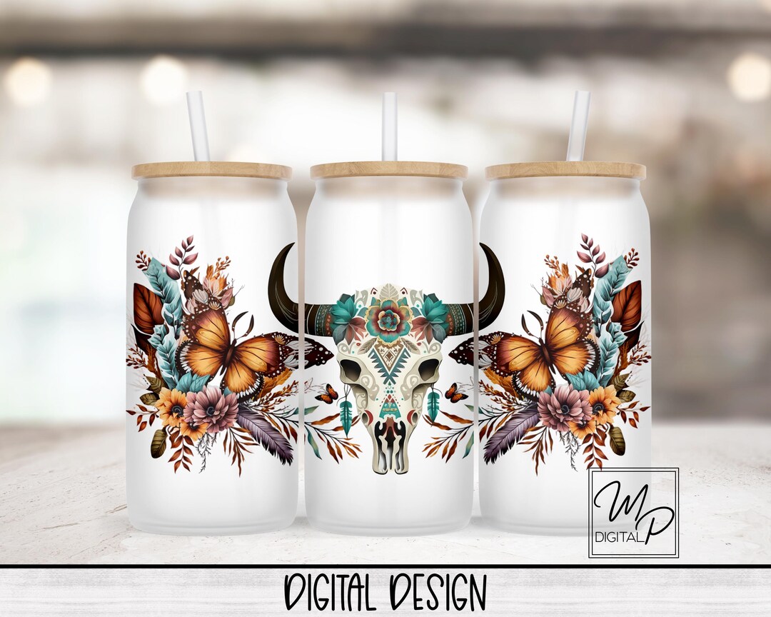 Teal and Brown Western Cow Skull 16oz Glass Can Wrap PNG, Glass Tumbler ...