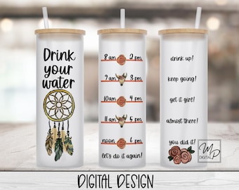 20oz / 25oz Glass Tumbler Water Tracker, Boho Dreamcatcher Wrap for Sublimation, PNG Digital Download, Drink Your Water