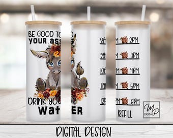20oz / 25oz Glass Tumbler Water Tracker, Donkey Wrap for Sublimation and Waterslides, PNG Digital Download