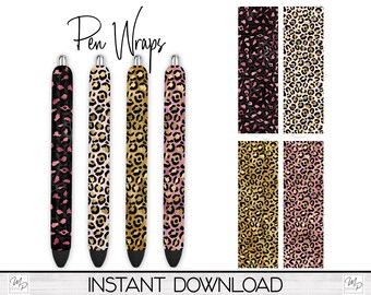 May include: Four pen wraps with a leopard print design in black, white, gold, and pink. The pen wraps are designed to be applied to pens to give them a unique look.