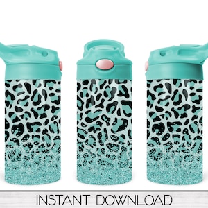 Botella de agua con tapa abatible con estampado de leopardo, plantilla de diseño de sublimación de copa Sippy, descarga digital, tobogán de agua PNG, descarga digital instantánea