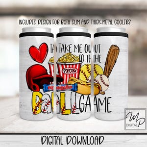 May include: A set of three white insulated beverage holders with a baseball theme. The design features a baseball cap, baseballs, a bat, popcorn, and hot dogs. The text on the holders reads "Take me out to the ballgame".