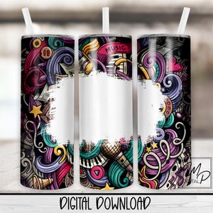 Diseño de sublimación para vaso delgado de 20 oz con diseño de música, músico y profesor de música, descarga digital instantánea PNG, vaso recto y cónico PNG