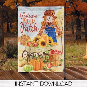 May include: A colorful fall-themed garden flag with a scarecrow, pumpkins, apples, and sunflowers. The flag reads "Welcome to our Patch".