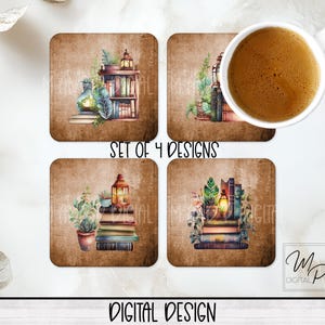 Set of 4 Book Coaster Sublimation PNG Designs, Square Coffee Coasters, Car Coaster Sublimation Digital Download