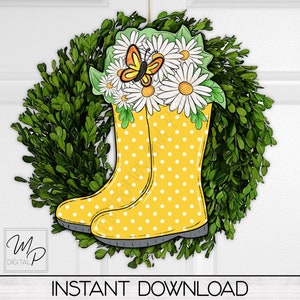 Diseño de sublimación PNG de botas de lluvia y margaritas, colgador de puerta, letrero de corona, descarga digital instantánea, uso personal y comercial