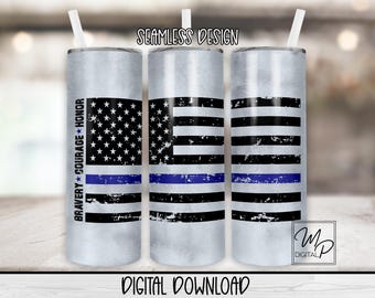 Thin Blue Line 20oz Skinny Tumbler Sublimation Design: Police Flag Wrap (Digital Download)