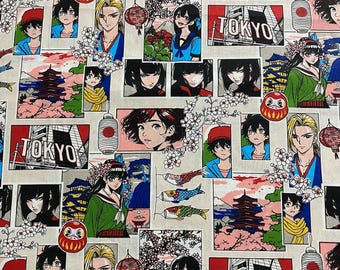 May include: A colorful fabric with a repeating pattern of cartoon characters, cherry blossoms, and Japanese landmarks. The fabric features the text "TOKYO" and "Oeko-Tex Standard 100".