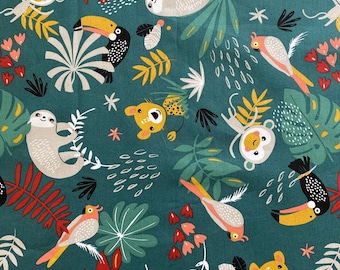 Green Safari Cotton Fabric: Jungle Animals Poplin, Extra Wide 150cm