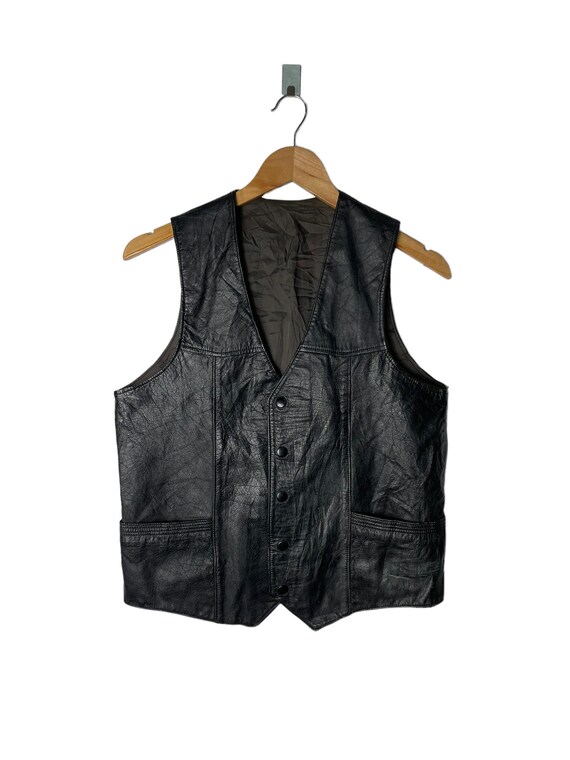 Vintage Black Leather Genuine Leather Vest Motorcycle Jacket Style