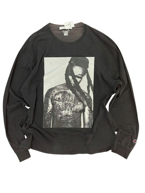 Champion X Gallis Addiction Graphic Tee: Black Tattoo Print, Size 