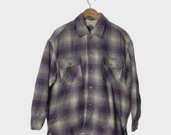 Chaqueta vintage de franela de lana y sherpa a cuadros morados - Hombre, talla mediana, estilo grunge de los años 90