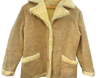 VINTAGE 80s 90s Beige Cream Suede Leather SHEARLING Style Jacket