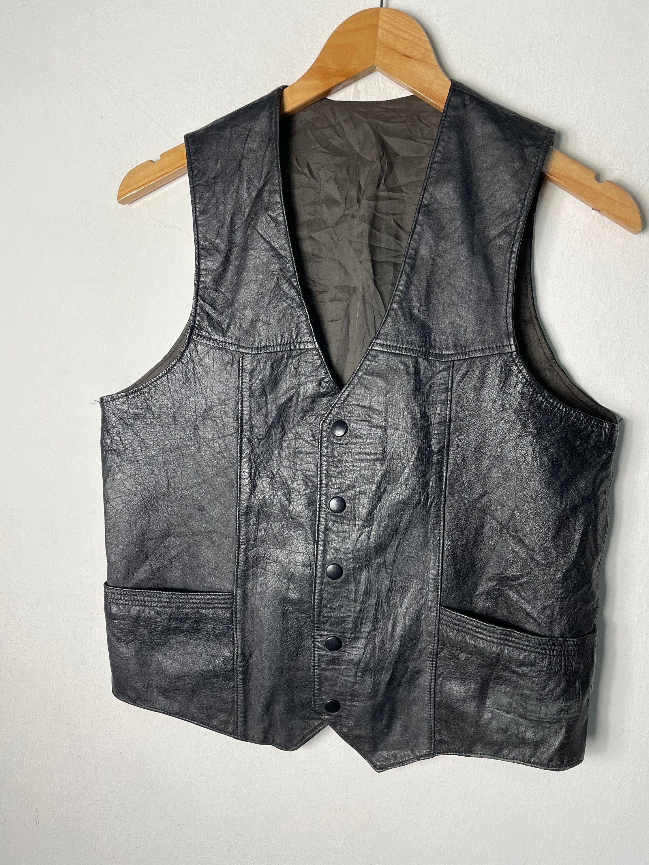 Vintage Black Leather Genuine Leather Vest Motorcycle Jacket Style