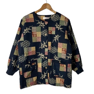 Vintage Japan Traditional Womens Jacket Coat Light Padded Warm Wear Patchwork Style Printed Abstract