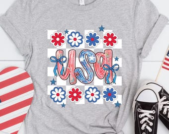 Preppy USA PNG, Coquette 4th of July Shirt Design, Girly Patriotic Sublimation, Red White Blue Floral America Bow Clipart PNG