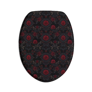 Juego de baño gótico de 3 piezas, alfombrilla de baño con estampado de rosas rojo oscuro, alfombra para inodoro y funda para tapa, decoración victoriana gótica para el hogar, decoración floral sombría