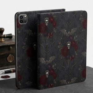Gothic Skull Rose Pattern Tablet Folio Case | Dark Victorian Bat Motif