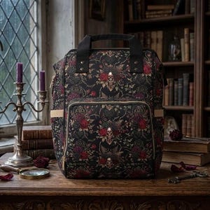 Gothic-Wickelrucksack für Babys, dunkler Reiserucksack mit Totenkopf-Blumenmuster, multifunktionale Wickeltasche, Geschenkidee für Hexenmütter, stimmungsvolles Geschenk zur Babyparty mit botanischem Flair