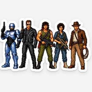 80's Action 8-bit Top 5 Clear Laptop Sticker (Robocop, Terminator, Rambo, Ripley, Indiana)