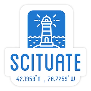 May include: A blue and white sticker with a lighthouse illustration and the text "SCITUATE 42.1959° N, 70.7259° W".