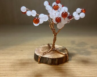 Copper Wire Tree with Red Agate and White Jasper, 4-Inch Wood Medallion