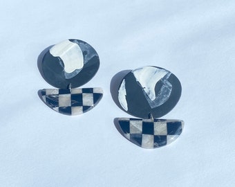 Checkerboard Dangle no.2 | Retro Checkered | Mixed Media Earring | Abstract Painted Earrings  | Titanium Earrings