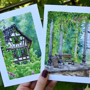 Postkarten Natur Print Wald und Parkbank A6 Karten Aquarell Geschenk
