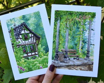 Postcards Nature Print Forest and Park Bench A6 Cards Watercolor Gift