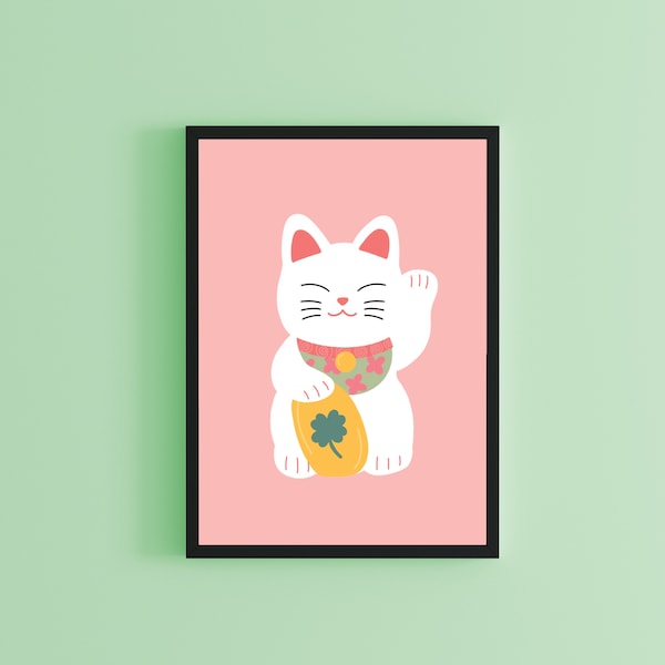 Maneki Neko Kunst | Lucky Cat Print | Japanse Cat | Bright Wall Prints | Roze kunst aan de muur | Lucky Cat Kunst aan de muur | Maneki Neko Print | Wanddecoratie