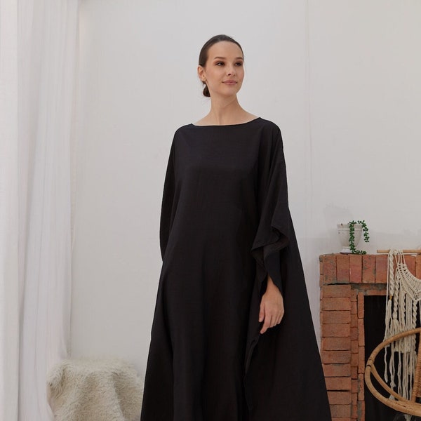 Black Silk Japan Natural Kaftan Dress, Women Pyjamas Plus Size, Bridesmaid Dress Caftan, Loungewear, Maternity Gown, Summer kaftan, Gifts