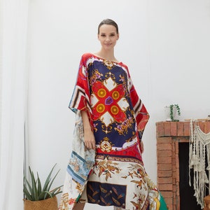 Premium Patchwork Silk Scarf Kaftan, Royal Bird Floral - Midi Length, Women Plus Size Dress, Designer Caftan, Loungewear, Maternity, Gifts