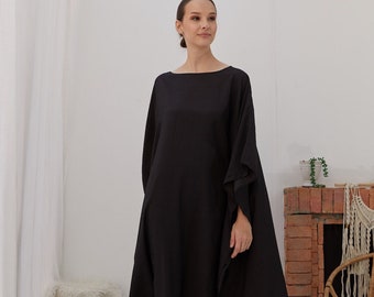 Black Silk Japan Natural Kaftan Dress, Women Pyjamas Plus Size, Bridesmaid Dress Caftan, Loungewear, Maternity Gown, Summer kaftan, Gifts