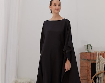 Black Silk Japan Natural Kaftan Dress, Women Pyjamas Plus Size, Bridesmaid Dress Caftan, Loungewear, Maternity Gown, Summer kaftan, Gifts