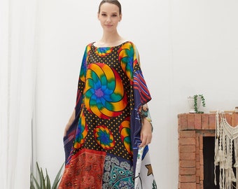 Silk Scarf Kaftan Mandala Rainbow - Midi Length, Women Plus Size, Vintage Patchwork Dress, Designer Caftan, Loungewear, Maternity, Gifts