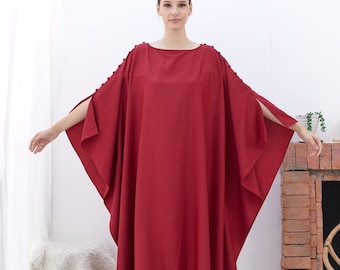 Botones en los hombros Vestido Kaftan de seda roja, Talla grande para mujer, Caftán de dama de honor, Ropa de salón para mujer, Vestido de maternidad, Regalo de Navidad para madre