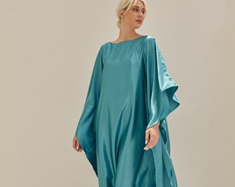 Turquoise Kaftan Blue Bat Wing Loose Silk Kaftan Dress Luxury Soft Dressing Gown Vintage Caftan Midcalf Resort Kaftan for Woman Gift for Mom