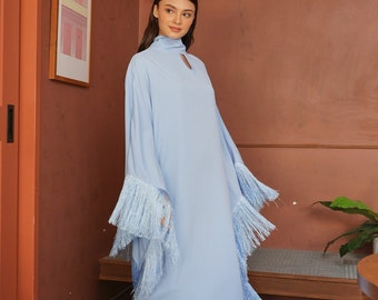 Fringe-trimmed Kaftan Dress Light Blue Sky Caftan Plus Size Clothing 4x Abaya for Women Dubai Bat Sleeve wedding outfits loungewear mom gift