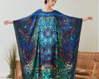 Boho Silk Tiedye Peacock Butterfly Kaftan Dressing Gown, New Designer Caftan Maxi Dress, Caftan Evening dress, Plus size, Cover Up Gifts