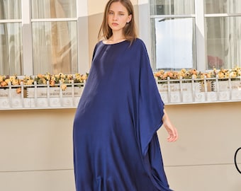 Paris Silk Dark Navy Blue Natural Kaftan Dress Women Pyjamas Plus Size Bridesmaid Dress Caftan Loungewear Maternity Gown Summer kaftan Gifts