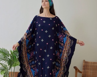 Kaftan azul marino oscuro para mujer, Kaftan de algodón talla grande, vestido maxi boho, vestido de caftán, mangas largas de kaftan negro, regalos de ropa de resort de ropa de playa