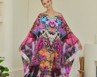 Pink Butterfly Wing Orchid Floral Kaftan Animal Print Wedding Dress Silk Caftan Beach Wear Gown  Plus Size Long Full Length Gifts for Mom