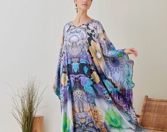 Blue Kaftan Silk Maxi Dress, Floral Caftan Plus Size, Abstract Vintage Kaftan for Women Kaftan Blue, Kaftan Long Dress, Kaftan Abaya, Gifts