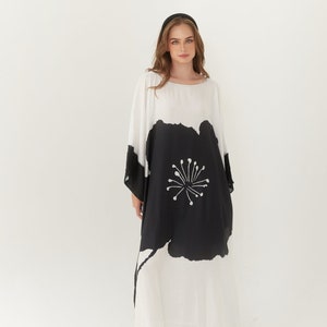 Floral White Black Silk Kaftan Long Dress Caftan, Dress For to be Moms, Beach Cover up, Sleepwear Maxi Dress, Minimalist Prints, Gifts